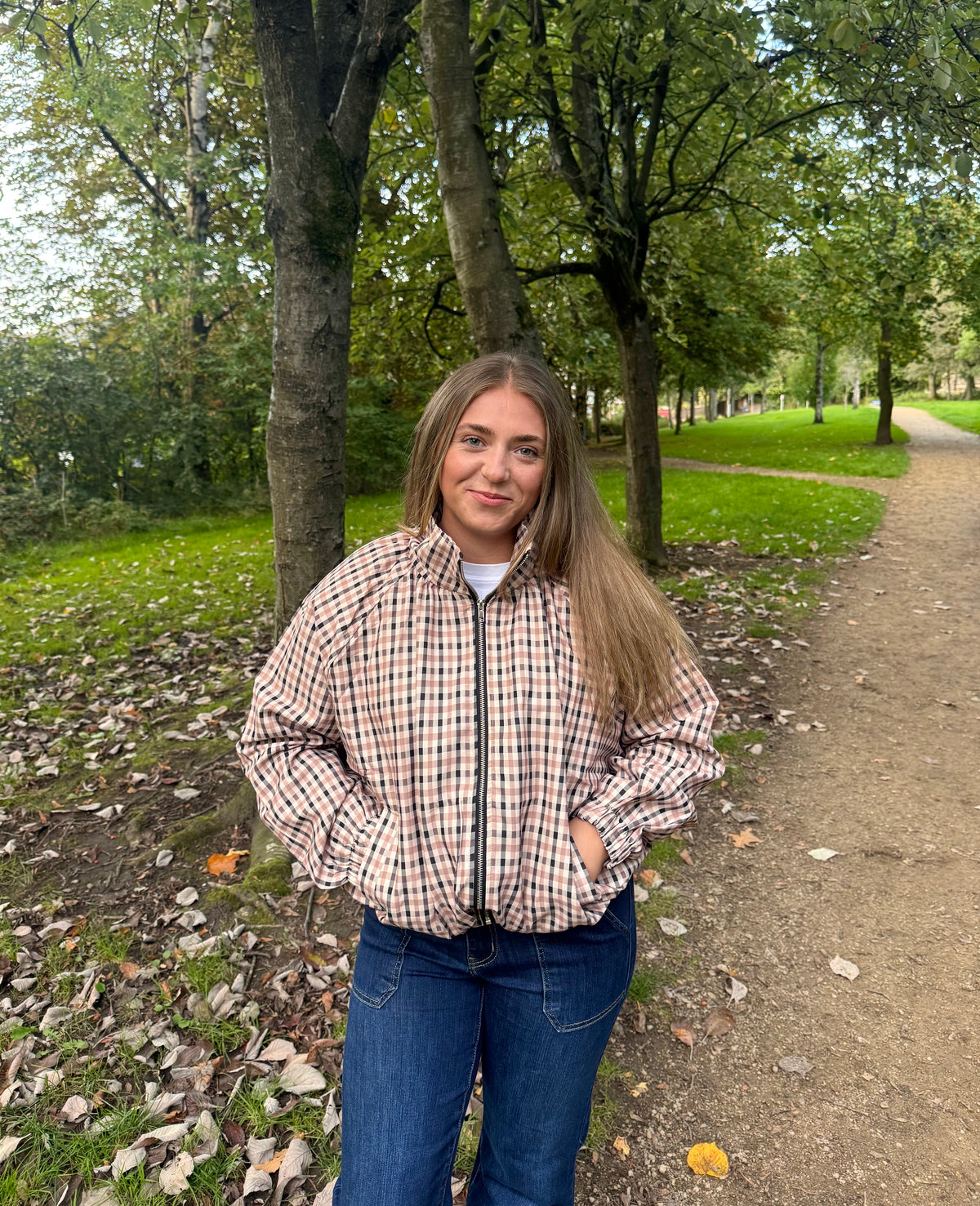 Checked Funnel-Neck Jacket