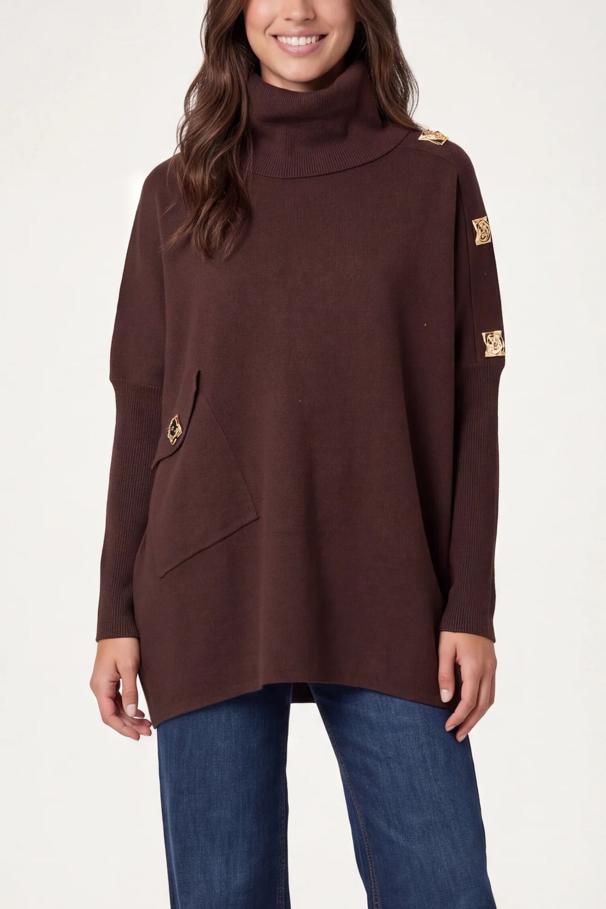 Hammered Button Cowl Neck Jumper