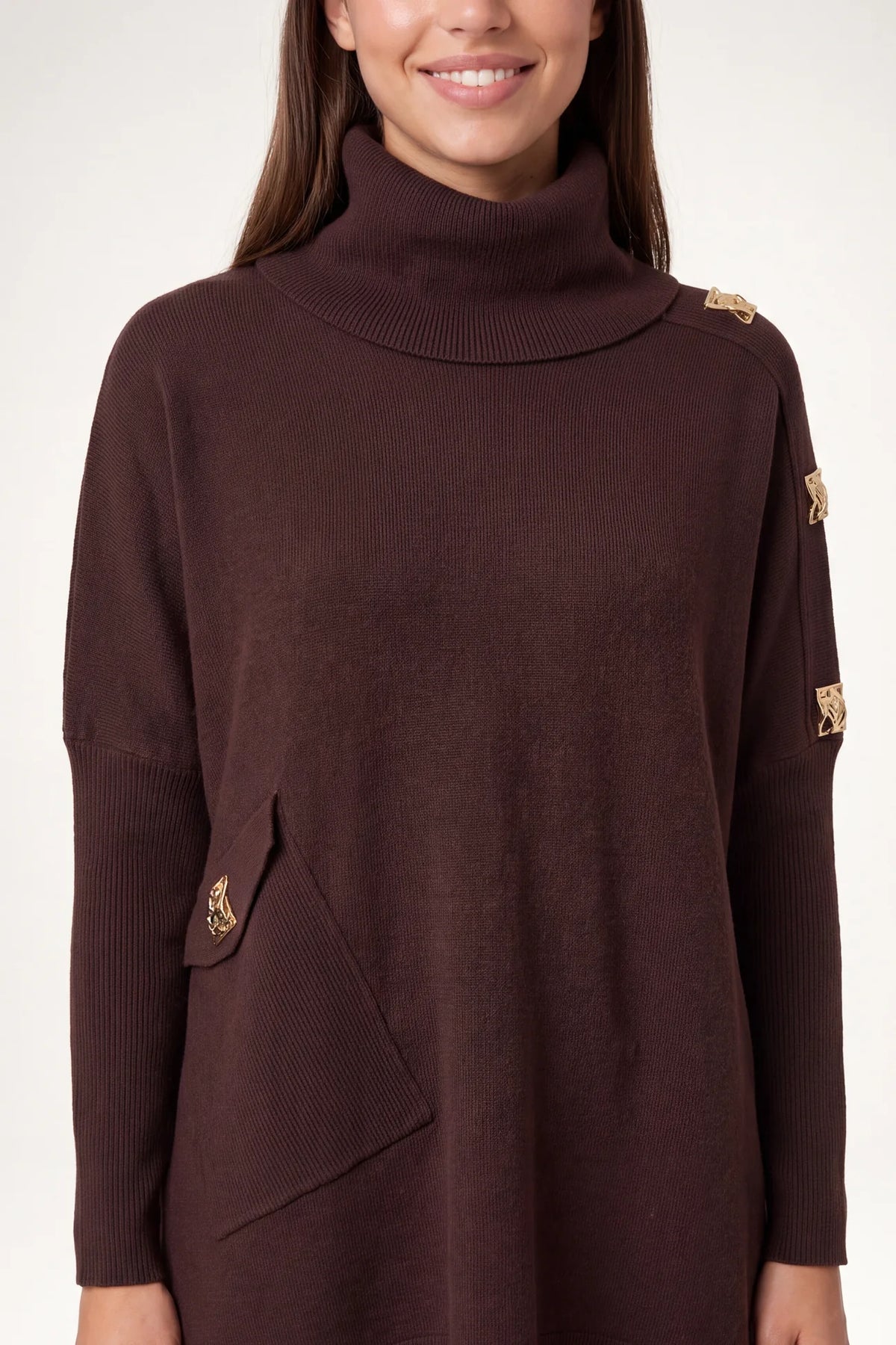 Hammered Button Cowl Neck Jumper
