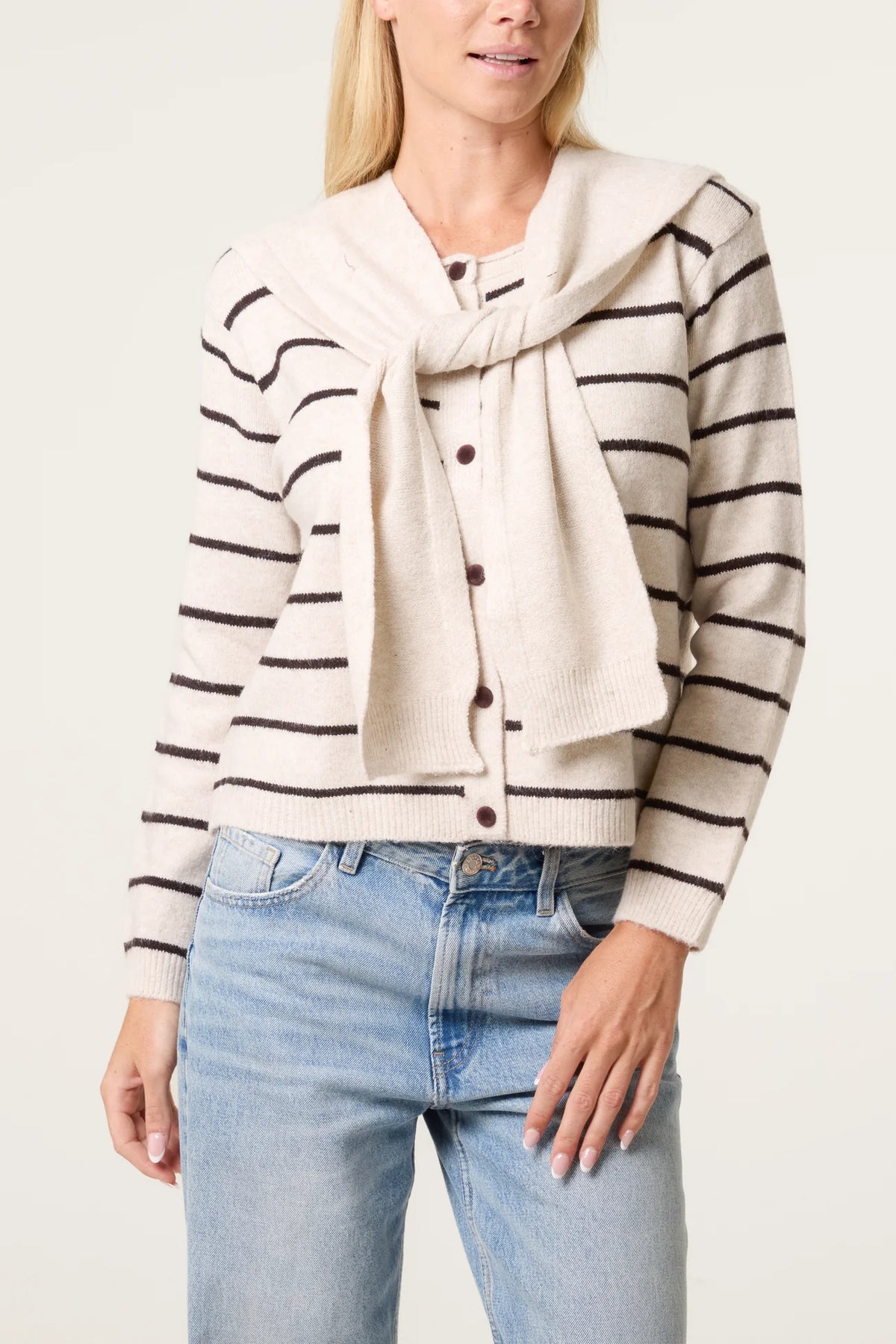 Striped Tie-Front Scarf Cardigan