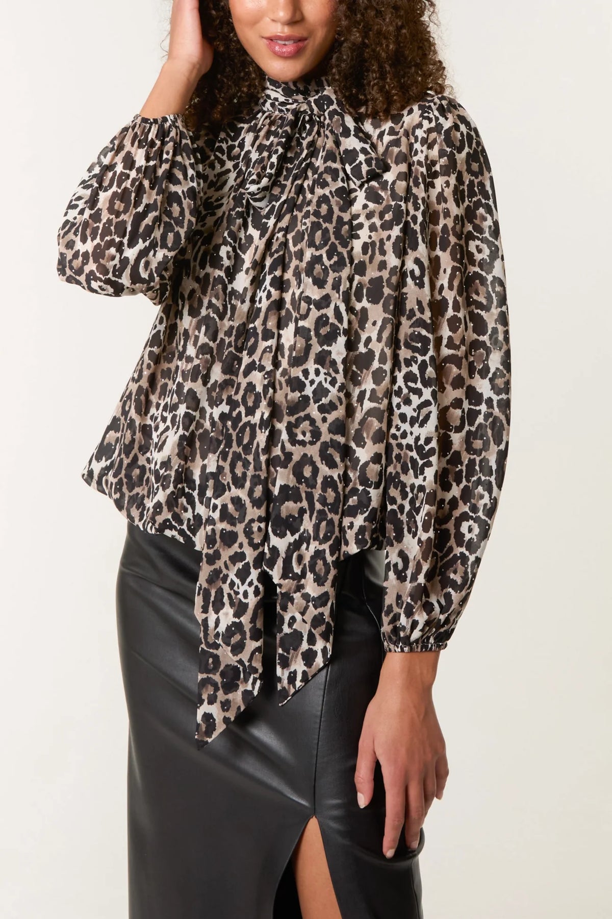Diamante Leopard Tie Neck Blouse