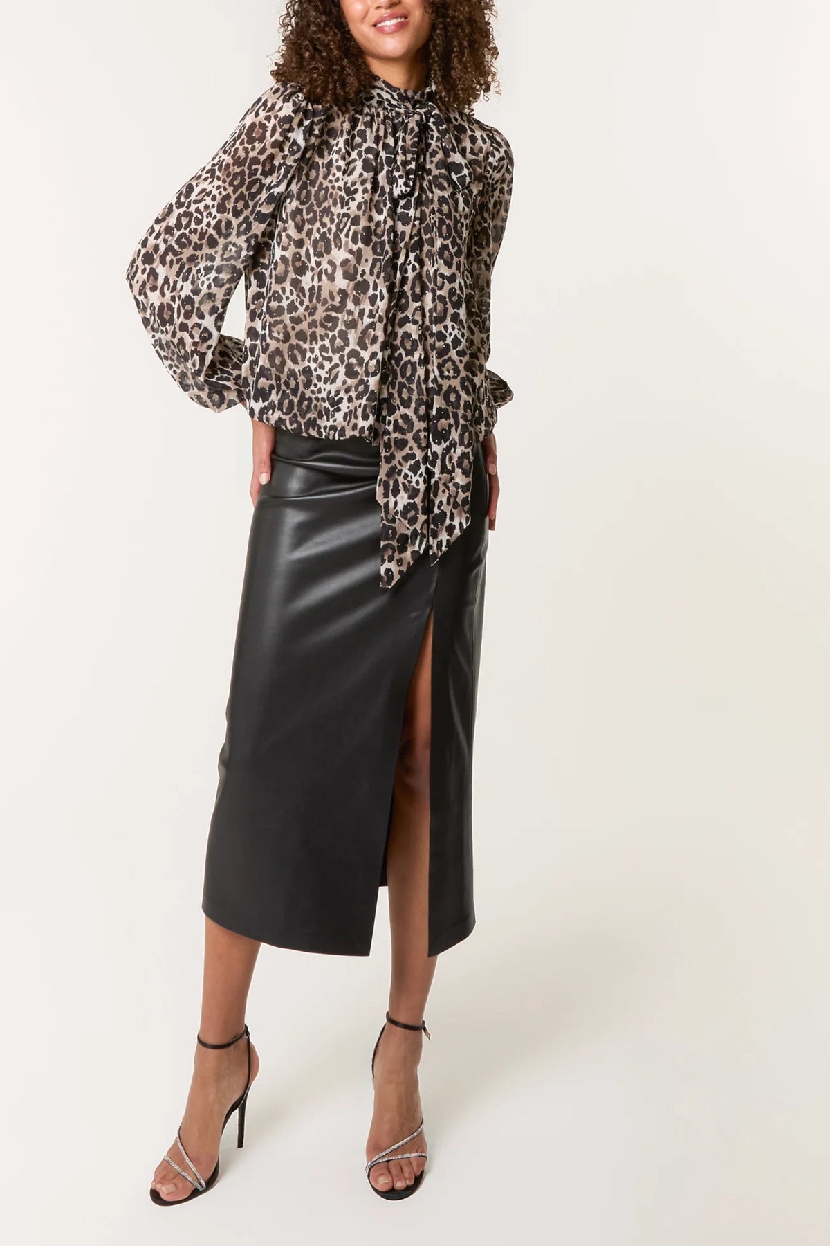 Diamante Leopard Tie Neck Blouse