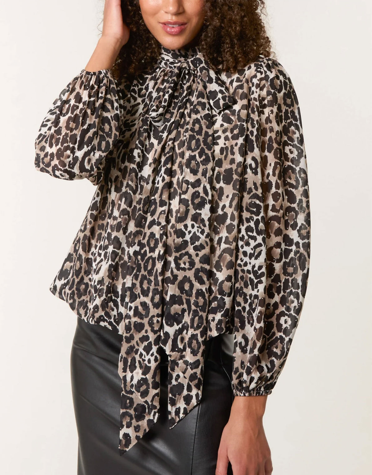 Diamante Leopard Tie Neck Blouse