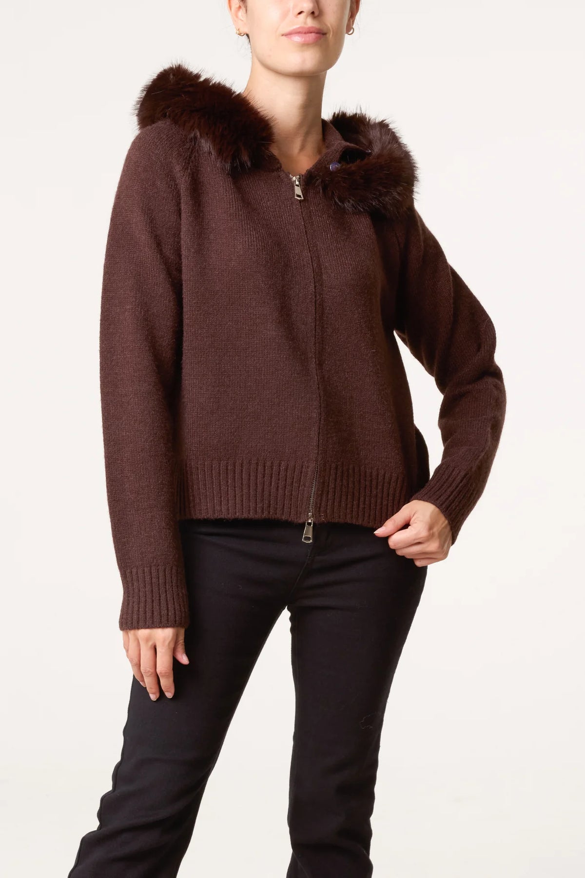 Faux Fur Trim Hooded Cardigan