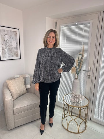 Metallic Animal Print Puffball Blouse