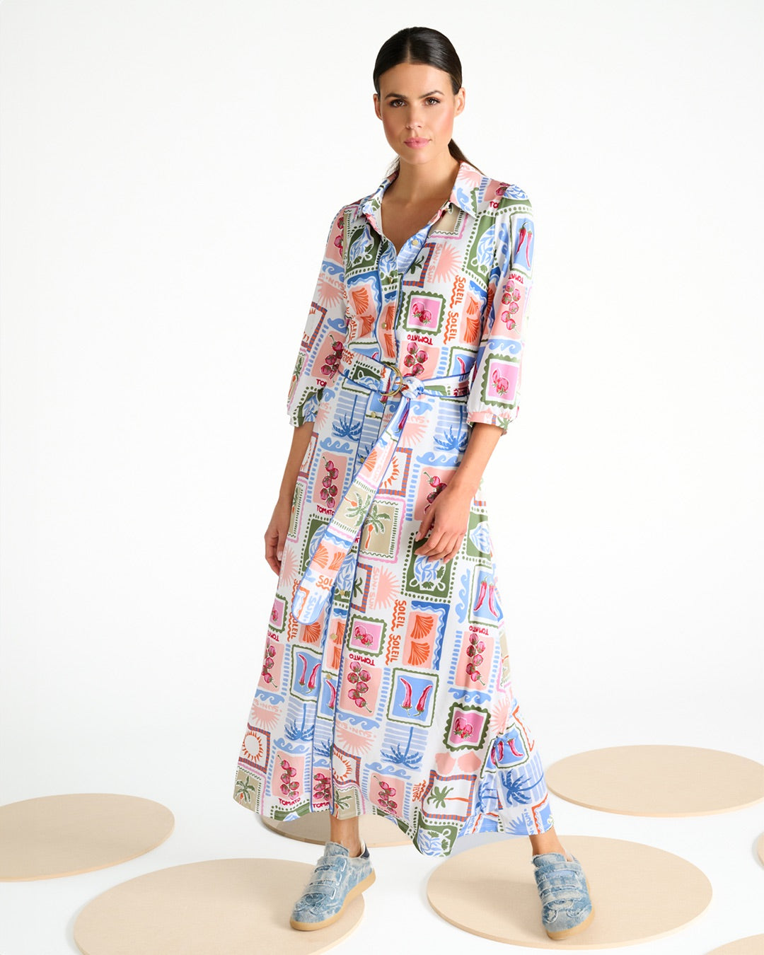 Postcard Print Stretch Shirt Dress