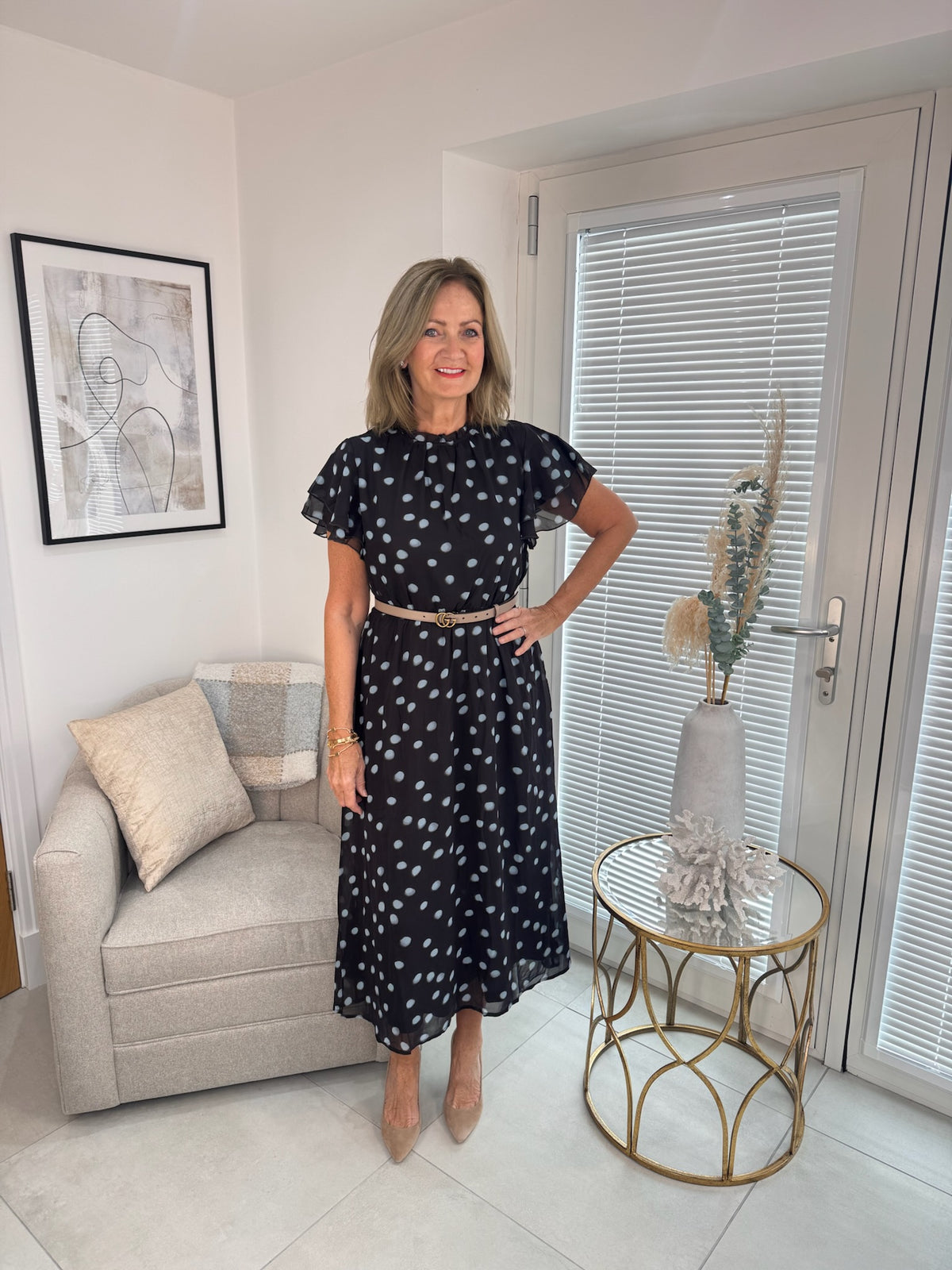 Polka Dot Frill Neck Midi Dress