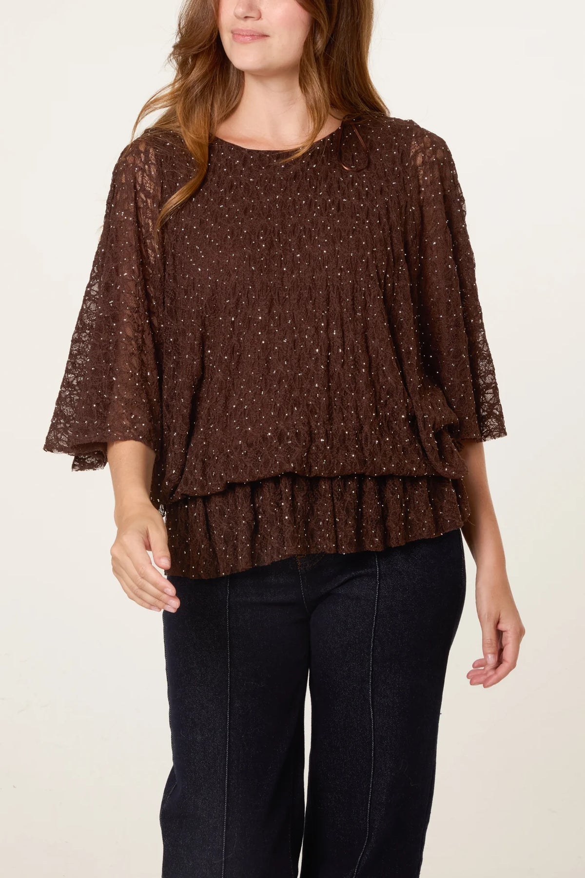 Lace Diamante Batwing Blouse