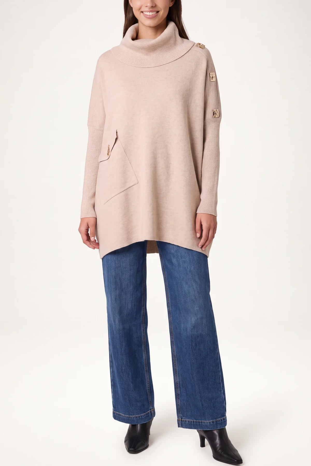 Hammered Button Cowl Neck Jumper