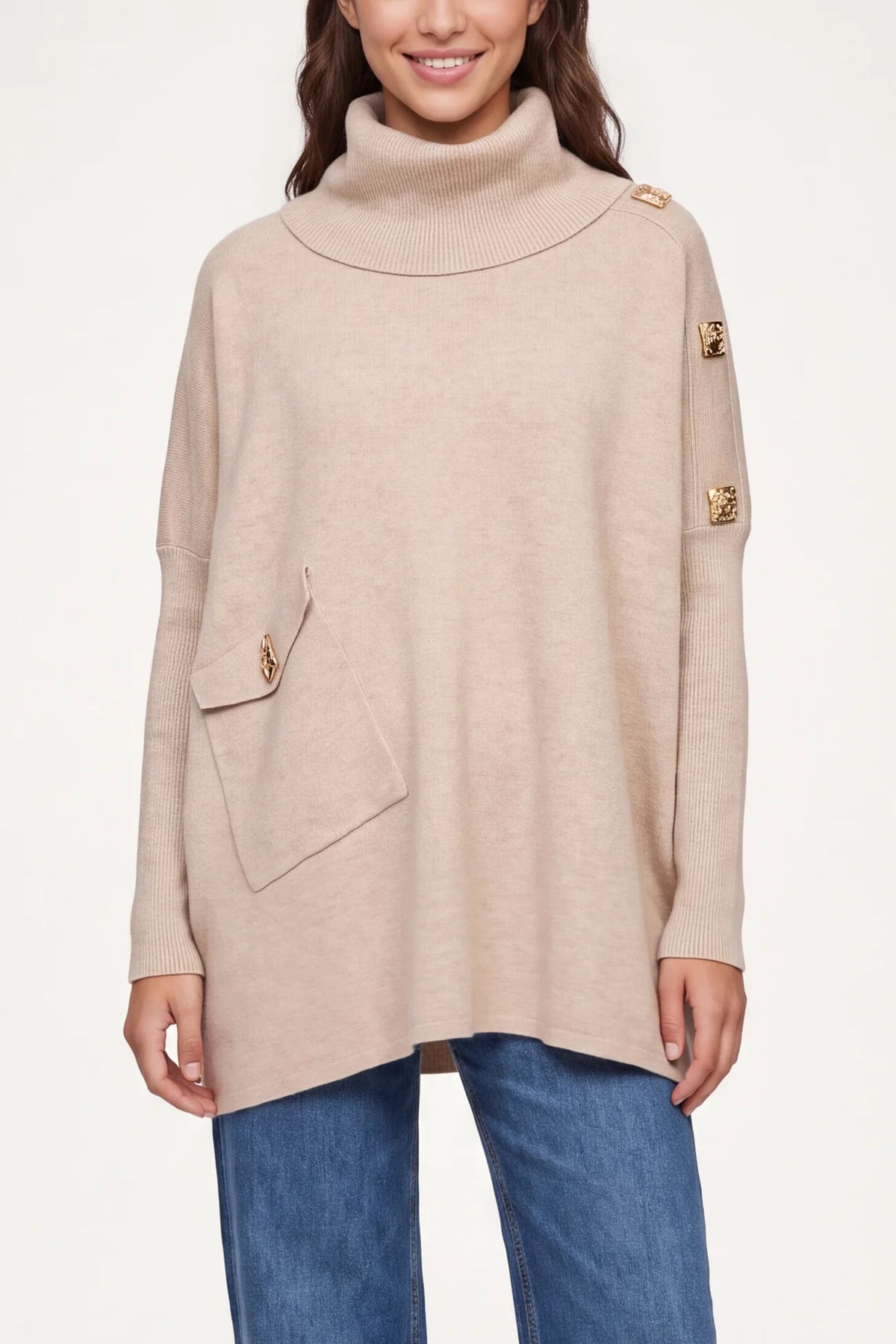 Hammered Button Cowl Neck Jumper