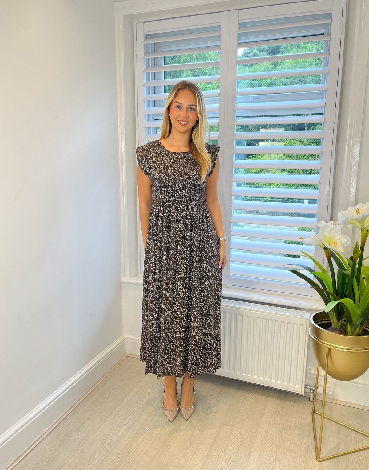 Dahlia Floral Frill Midi Dress