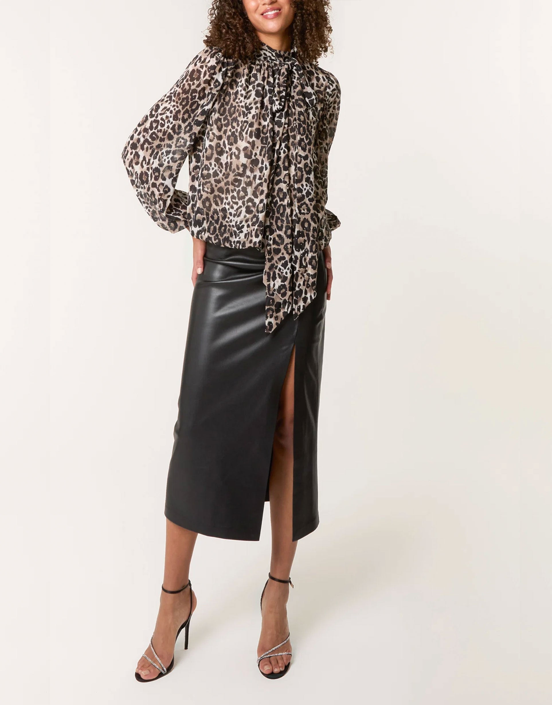 Diamante Leopard Tie Neck Blouse