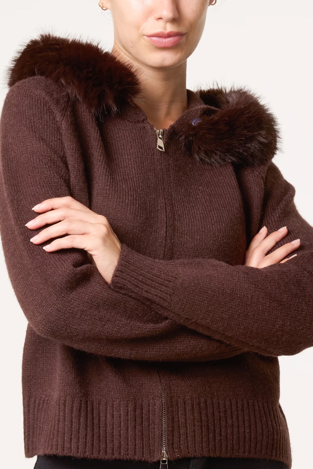 Faux Fur Trim Hooded Cardigan
